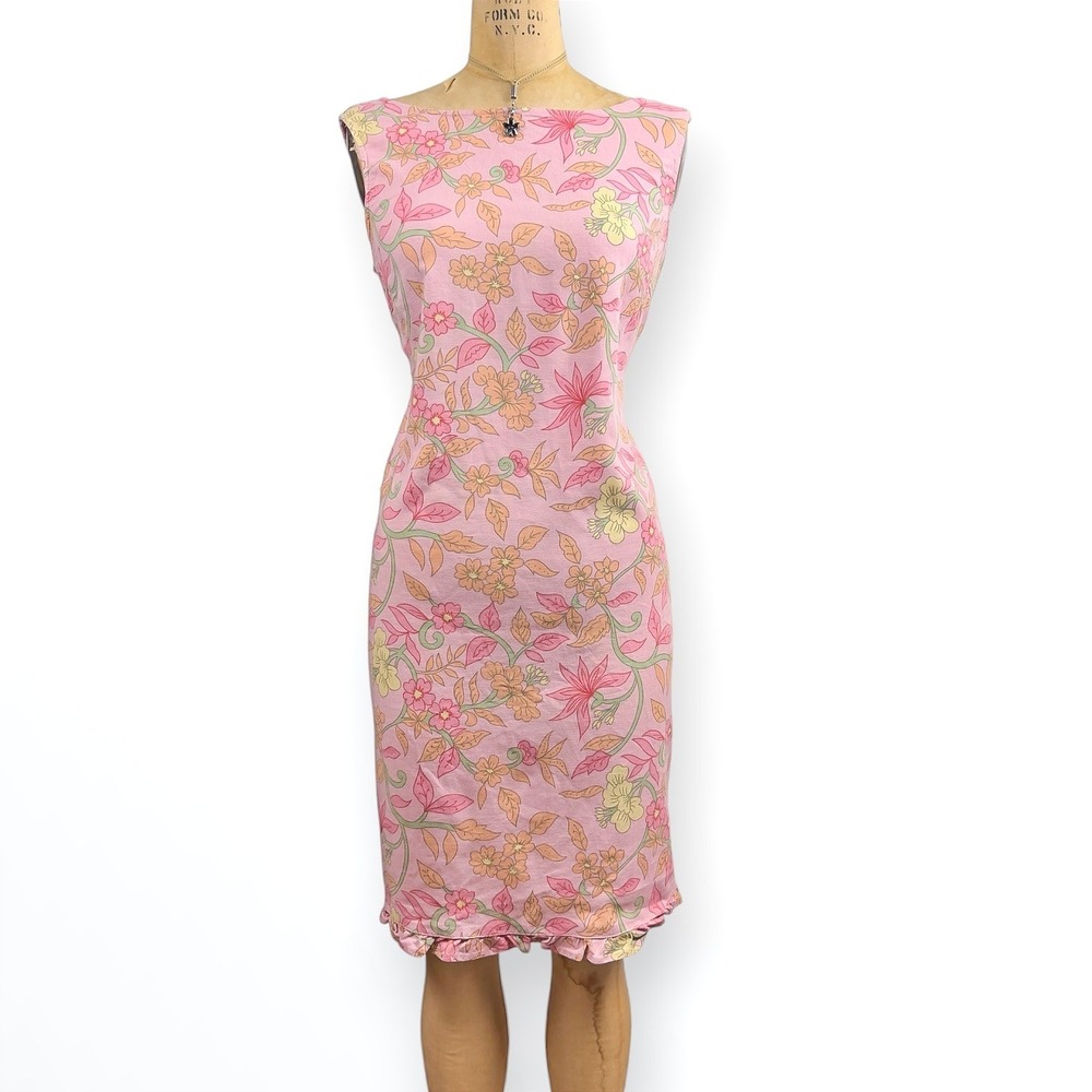White Stag Shift Dress Pink Floral Ruffle Hem Linen Blend Garden Vintage‎ Size M